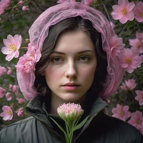 girl in flowers,beautiful girl with flowers,magnolia,pink flowers,dennings,peony,Conceptual Art,Daily,Daily 22