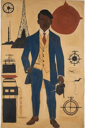 a drawing shows a man in a suit and hat with a kite,picabia,a black man on a suit,black businessman,man with umbrella,african businessman,man with a computer,Art,Artistic Painting,Artistic Painting 47