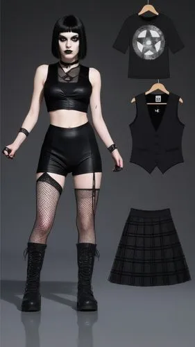 Paper doll 2d cartoon goth girl in black sleeveless shirt , black spandex shorts, complete full length fishnet and black goth knee Boots, standing surrounded by with a set of goth fashion clothing, sh