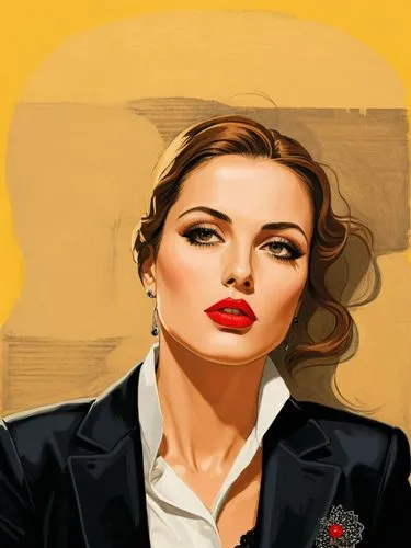 A perfect woman.,a painting of a woman with long hair and dark hair wearing a blazer,pop art style,cool pop art,vettriano,pop art background,retro woman,pop art woman,Illustration,Vector,Vector 14