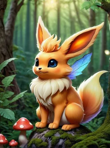 cute flareon, fantasy creature, dragon-like, pastel colored fur, fluffy ears, big round eyes, shiny scales, delicate wings, sitting on a mushroom, whimsical forest, twinkling fireflies, soft focus, wa