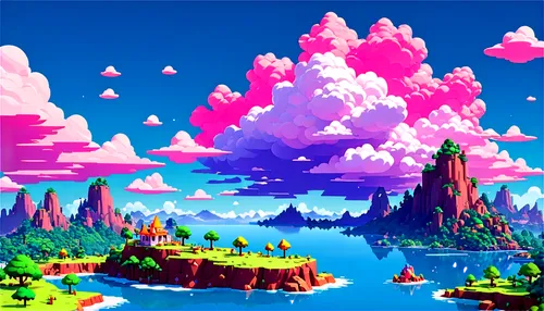 mushroom landscape,futuristic landscape,mushroom island,skylands,cartoon forest,fantasy landscape,cartoon video game background,virtual landscape,3d fantasy,an island far away landscape,mountain world,fairy world,lagoon,lowpoly,acid lake,low poly,wonderlands,landscape background,floating islands,diamond lagoon,Unique,Pixel,Pixel 01