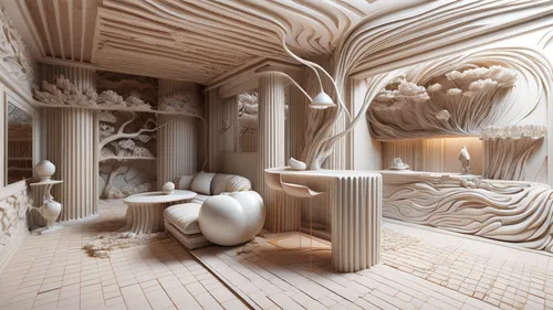 3d fantasy,mandelbulb,wood carving,wood art,wooden construction,woodwork,wooden sauna,paper art,3d rendering,carved wood,interior design,labyrinth,ceramics,made of wood,fractal environment,mushroom landscape,structural plaster,ceramic,clay packaging,woodworker