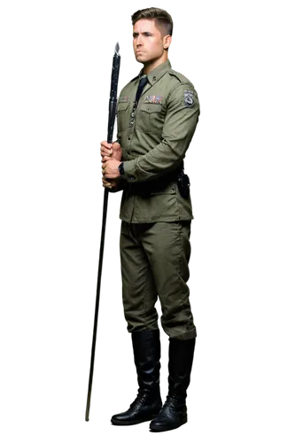 Drill sergeant, muscular man, serious facial expression, short hair, no glasses, camouflage uniform, epaulets, silver badges, black boots, holding drill stick, standing at attention, strong posture, d