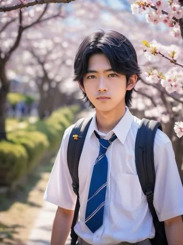 Chora Makura, Shota, beautiful detailed eyes, messy black hair, cute facial expression, school uniform, white shirt, blue tie, dark gray shorts, sneakers, holding a backpack, standing, Japanese middle