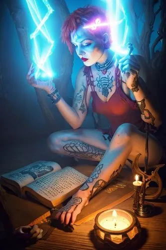 27-year-old woman with short red hair, in front of her, on the floor, a book of spells. On the left side of the book there is a skull and on the skull, a lit candle. She has a Celtic triskele symbol t