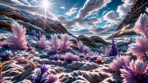 moonlight cactus,flowerful desert,night-blooming cactus,desert plants,purple landscape,fantasy landscape,fractal environment,desert flower,desert landscape,desert plant,alien world,desert desert landscape,alien planet,salt meadow landscape,virtual landscape,fairy galaxy,crystalline,antarctic flora,purple fountain grass,fractals art