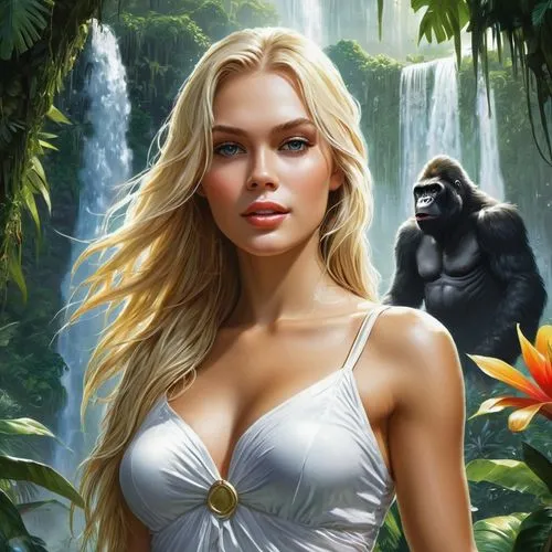 huge king kong, tropical island, waterfall in the jungle, swimming in a waterfall, young beautiful girl, beautiful expressive eyes, beautiful long blonde hair, happy, white top, white short skirt, jun