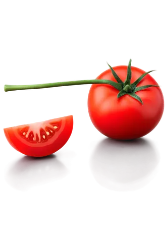 Ripe tomato, red skin, green stem, glossy surface, juicy flesh, rounded shape, solo, still life, warm lighting, soft focus, shallow depth of field, 3/4 composition, vibrant color tone, realistic textu