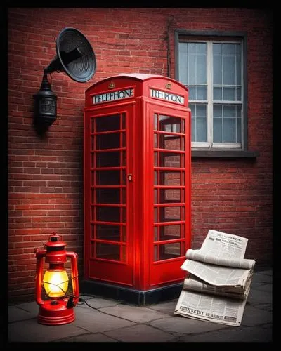 复古电话亭旧报纸红砖墙煤油灯,a red phone box sitting next to some lights,newspaper box,letter box,phone booth,post box,postbox,newsstand,Illustration,Retro,Retro 04