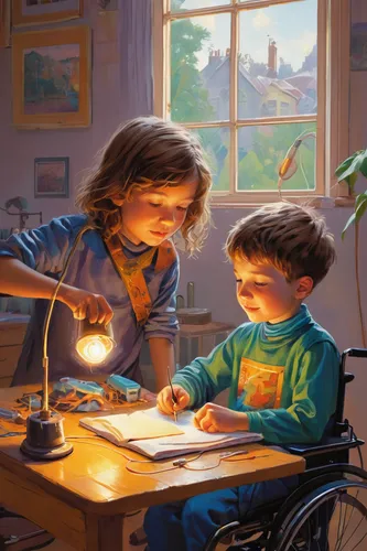 children studying,children drawing,home schooling,children learning,tutoring,painting technique,reading magnifying glass,meticulous painting,kids illustration,tutor,sci fiction illustration,homeschooling,art painting,children's room,examining,pediatrics,montessori,a collection of short stories for children,child writing on board,oil painting on canvas,Conceptual Art,Fantasy,Fantasy 04