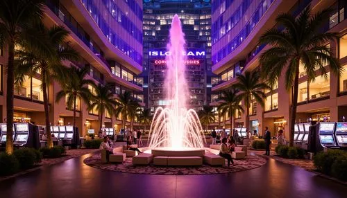 Vibrant neon lights, luxurious entrance, grand fountain show, sleek modern architecture, curved glass fa\u00e7ade, polished marble floors, ornate chandeliers, lavish decorations, VIP lounge areas, hig