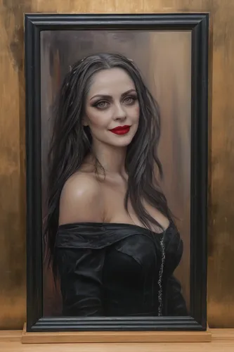 Artistic oil painting of a goth woman on a display stand, highly realistic, Best quality, perfect proportion,,custom portrait,wooden frame,holding a frame,gothic portrait,wood frame,photo painting,por