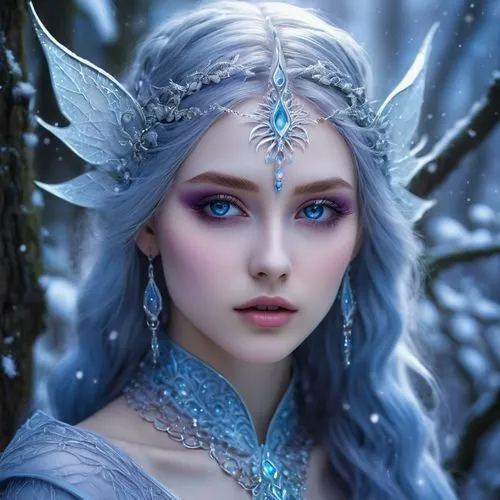 the snow queen,faery,faerie,ice queen,fairie,fairy queen,violet head elf,white rose snow queen,fantasy art,fantasy portrait,ice princess,suit of the snow maiden,blue enchantress,fantasy picture,elven,faires,lorien,seelie,circlet,galadriel,Illustration,Realistic Fantasy,Realistic Fantasy 04