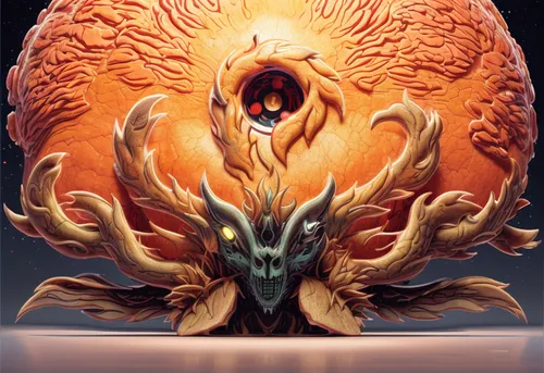 nine-tailed,calabaza,death's head,pumpkin heads,supernatural creature,trioceros,jack-o-lantern,nautilus,atlas moth,shamanic,symbiotic,wyrm,jack-o'-lantern,shamanism,buddhist hell,skull with crown,dragon of earth,daemon,gnarled,lotus with hands