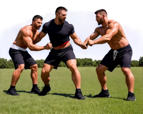 animated tug of war, two teams, muscular men, dynamic pose, strong grip, sweat dripping, intense facial expression, ripped shirts, athletic shorts, sneakers, grassy ground, sunny day, dramatic lightin