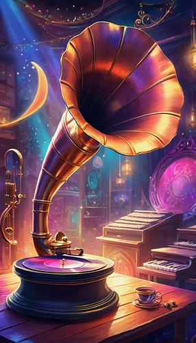 the gramophone,gramophone,the phonograph,phonograph,gramophone record,award background,phonograph record,musical background,golden record,sousaphone,life stage icon,music background,grand piano,music box,sci fiction illustration,game illustration,club mushroom,circus stage,3d fantasy,musical instruments,Illustration,Realistic Fantasy,Realistic Fantasy 01