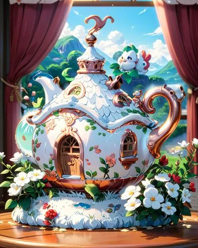 luxury,rosegold,fairy tale,more white,กาน้ำชา,a white, blue and pink teapot on a table,whipped cream castle,tearoom,teacup,cup of cocoa,tea cup,tea service,Anime,Anime,Traditional