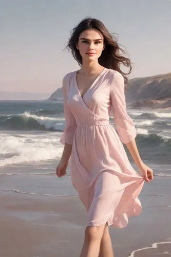 The awe-inspiring water of the ocean ripples slowly against the shore as they lap gently against the shore. A young girl with a wild smile comes to life in a pastel pink dress, while her young smile g