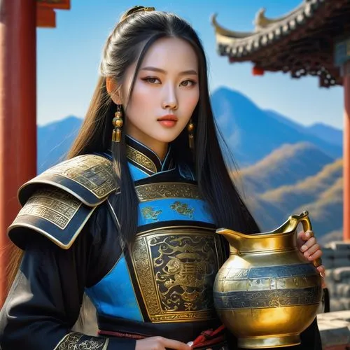 China during the Qin Empire, mountain village, blue sky, very beautiful charming Chinese woman with very beautiful expressive eyes, sparkling pupils, beautiful thin lips, beautiful long hair, dressed 