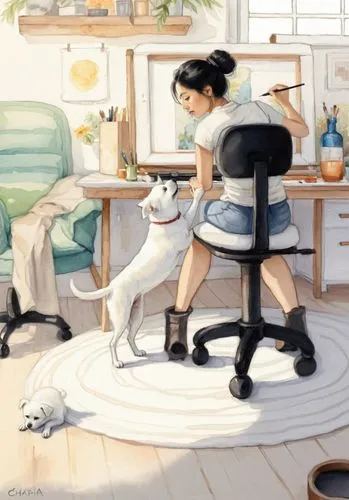 chomet,girl in the kitchen,domesticity,sewing room,housework,rat terrier,rockwell,giaimo,cat's cafe,dog illustration,sewing machine,laundress,dog cafe,housemaid,sewing,sci fiction illustration,dowman,illustrator,girl with dog,maidservant