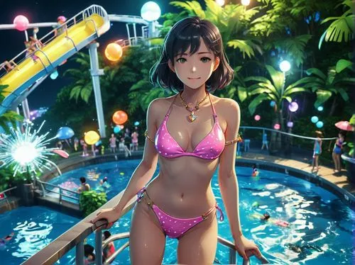 candy island girl,anime 3d,nanako,waterpark,water park,songkran,Illustration,Realistic Fantasy,Realistic Fantasy 19