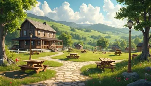 alpine village,home landscape,summer cottage,mountain settlement,mountain village,salt meadow landscape,tavern,farmstead,wooden houses,country cottage,house in the mountains,butterfields,knight village,fantasy landscape,innkeeper,highstein,township,landscape background,netherwood,maplecroft,Photography,General,Realistic