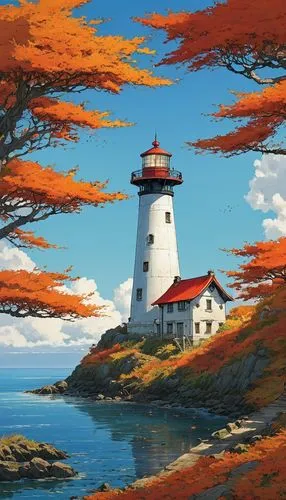 red lighthouse,lighthouse,maine,light house,coastal landscape,crisp point lighthouse,autumn landscape,world digital painting,fall landscape,red cliff,electric lighthouse,painting technique,point lighthouse torch,peninsula,sea landscape,petit minou lighthouse,autumn background,coastline,warm colors,digital painting,Illustration,Japanese style,Japanese Style 14