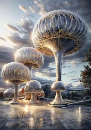 mushroom landscape,cloud mushroom,futuristic landscape,sky space concept,flying saucer,mushroom island,mushroom cloud,solar cell base,futuristic architecture,motherships,futuristic art museum,alien world,lenticular,ufo,cloud towers,universum,skycycle,arcology,spheres,jupiters