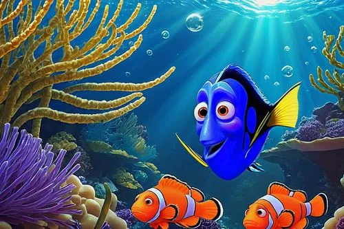 Marlin, Dory, underwater, ocean, coral reef, seaweed, school of fish, shiny scales, bright blue water, sunlight filtering down, gentle waves, finding Nemo, excited expression, curious eyes, fins, swim