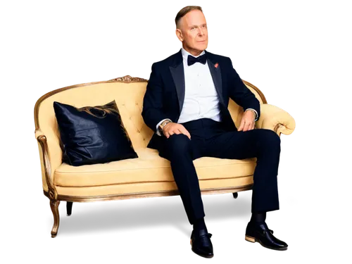 Wealthy man, mature, luxurious, gold accessories, black tuxedo, white shirt, bow tie, leather shoes, diamond watch, cigar, champagne glass, sitting on sofa, legs crossed, confident posture, dim lighti