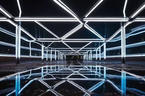 Futuristic, cubic, modern, abstract, geometric, symmetrical, white, metallic, glass, steel, LED lights, sleek, minimalistic, urban, cityscape, night, neon lights, reflections, puddles, 3/4 composition