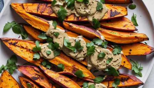 Overhead photo of roasted sweet potato wedges with curry tahini dressing drizzled on top.,sweet potato fries,potatoes with pumpkin,wild sweet potato,sweet potato,carrot salad,potato wedges,grilled veg