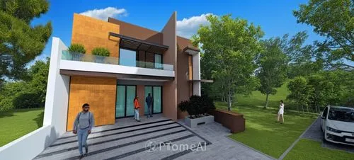 DISEÑO EXTERIOR DE UNA CASA ESTILO MINIMALISTA, CON ACABADOS Y COLORES MODERNOS, REPRESENTACION AL 100 % DE LA IMAGEN SIN VARIACIONES, Y CON CORRECIÓN DE ERRORES,two people stand outside of a large bu