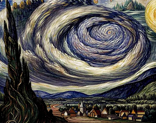 vincent van gough,vincent van gogh,starry night,david bates,swirl clouds,post impressionism,time spiral,flow of time,tapestry,psychedelic art,pachamama,phase of the moon,the universe,the night sky,valley of the moon,astronomy,indigenous painting,surrealism,copernican world system,herfstanemoon