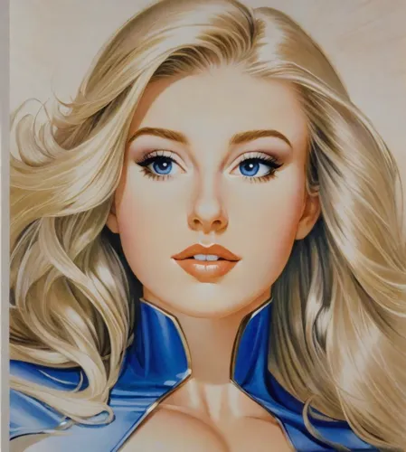 Blonde, Invisible Woman, comic book style, Alex Ross,oil painting on canvas,airbrushed,blonde woman,elsa,color pencils,marylyn monroe - female,colour pencils,color pencil,watercolor pencils,oil painti