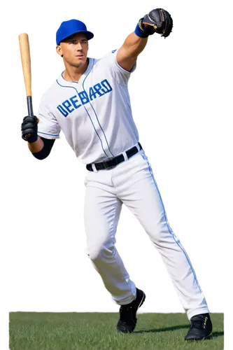 muscular man, athletic wear, baseball uniform, white shirt, blue pants, baseball glove, baseball bat, sweatband, intense facial expression, dynamic pose, action scene, daytime stadium, green grass, br