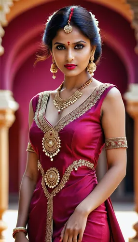 Indian girl perfect eyes, bright crimson lips, front face, front look, full pose, fantastic face, clean and smooth face, detailed eyes, in traditional indian society dress trends, faint freckles and b