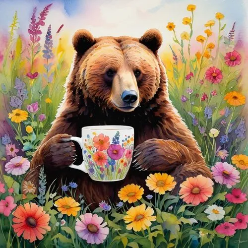 coffee tea illustration,ivan-tea,cute bear,flower painting,tea time,brown bear,flower animal,coffee break,tea drinking,bear kamchatka,a cup of tea,coffee time,drinking coffee,cup of tea,flower tea,bear,teatime,a cup of coffee,cup of coffee,whimsical animals,Art,Classical Oil Painting,Classical Oil Painting 32