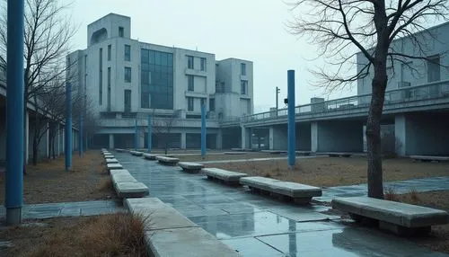 Brutalist park, urban landscape, concrete benches, industrial pipes, metal fences, blue accents, bold geometric shapes, modernist architecture, overcast sky, dramatic shadows, cold tones, minimalist d