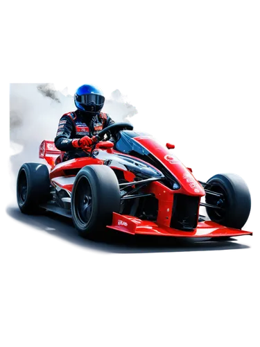 Racing car, low-angle shot, shiny red body, sporty wheels, loud revving sound, smoke coming out of exhaust pipe, aggressive driver, wearing helmet and sunglasses, 3/4 composition, dramatic lighting, c