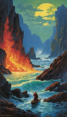 volcanic landscape,coastal landscape,lava river,lava,fire in the mountains,volcanism,volcanic,fantasy landscape,lava cave,fire and water,volcanic field,fire mountain,volcano,rocky coast,sea landscape,navajo bay,scorched earth,beach landscape,volcanos,cliffs ocean,Conceptual Art,Oil color,Oil Color 25