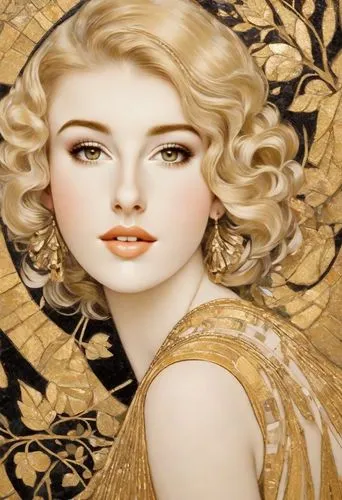 Klimt-style painting of a beautiful blonde lady, with gold leaf and Art Deco pieces of mosaic. 1920s-style.,art deco woman,gold filigree,mary-gold,gold foil art,gold leaf,golden haired,art deco backgr