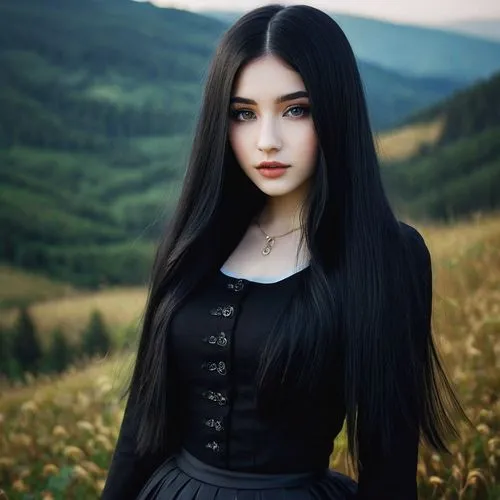 20 year old girl from europe from germany to be exact. Long dark gradient hair. A cute face and cute dark eyes. Wearing a black outfit and a black skirt.,gothic woman,gothic portrait,volturi,gothic dr