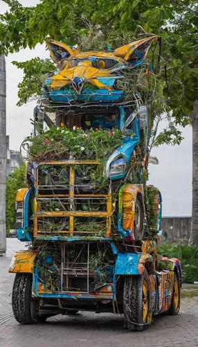 In a futuristic world, describe how yaxes are used as transportation in a bustling metropolis.,christmas truck with tree,pallet transporter,scrap truck,car transport truck,long cargo truck,counterbala