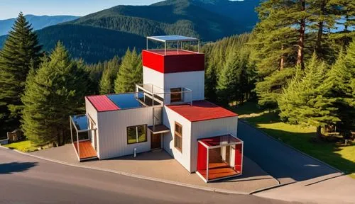 a cozy wooden house with a red roof and a sleek silver roof sits in the middle of a deserted street, surrounded by tall trees. In the foreground, a sleek car with high-tech engines takes center stage,