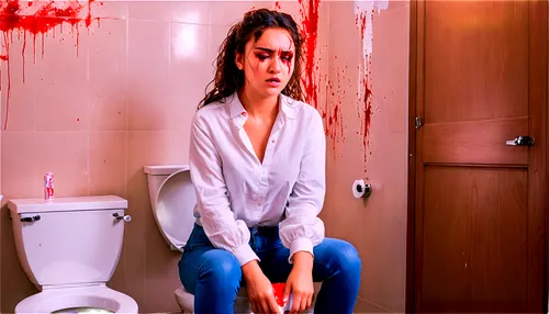 Girl, sitting on toilet, painful expression, sweat droplets, messy hair, white shirt, blue jeans, sanitary pad, red bloodstains, tears in eyes, faint lighting, shallow depth of field, warm color tone,