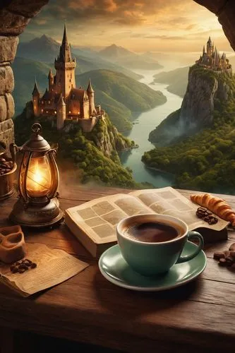 coffee background,fantasy picture,fantasy landscape,coffee and books,coffee tea illustration,tea and books,coffee break,fantasy art,coffee time,a cup of coffee,coffeepots,teatime,storybook,caffee,tea time,fairy tale,kaffee,cup of coffee,a cup of tea,hobbiton,Photography,General,Cinematic