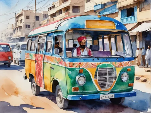 jaisalmer,rajasthan,watercolor painting,jaipur,volkswagenbus,trolley bus,oil painting on canvas,barkas,india,rickshaw,watercolor shops,watercolor,indian art,maruti 800,by chaitanya k,delhi,tuk tuk,red bus,lahore,oil painting,Illustration,Paper based,Paper Based 25