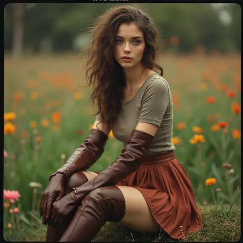 a suggestive girl with curly brown eyes wears a long-sleeved leather gloves and thigh-high cuffed brown leather boots as she sits in a park, surrounded by blooming flowers and colorful plants. She wea